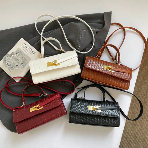 Damen Gewebte PU-Leder Handtasche Kleine Quadratische Umhängetasche Mit Goldenem Schloss Griff Mode Satchel Schultertasche