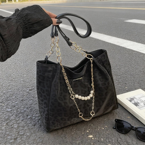Bolso Tote de Mujer Gran Capacidad Estampado de Leopardo Cuero PU Bolso de Hombro Con Cadena de Perlas Artificiales Decoración de Metal