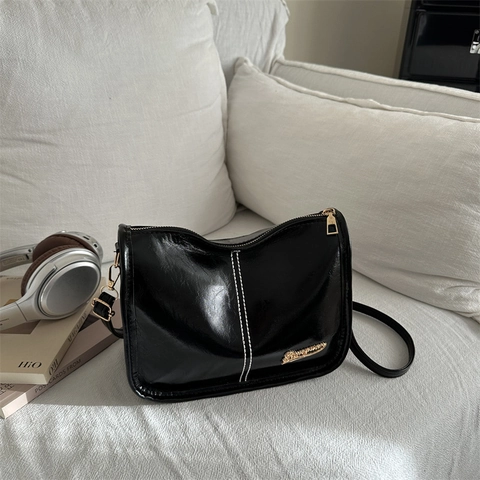 Borsa A Tracolla Retro Da Donna In Pelle PU Lucida Cuciture A Contrasto Borsa A Spalla Con Tracolla Regolabile Moda