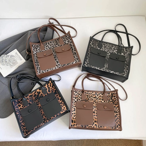 Leopardenmuster PU Leder Tragetasche Für Damen Große Kapazität Vintage Handtasche Schulter Umhängetasche Mit Doppelten Fronttaschen