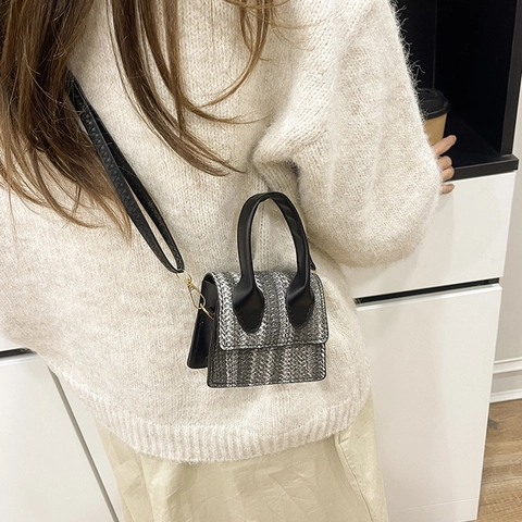 Mini Borsa a Mano in Paglia Intrecciata Tracolla da Donna Piccola Borsa Quadrata a Righe Colorate Con Cinturino in Pelle PU