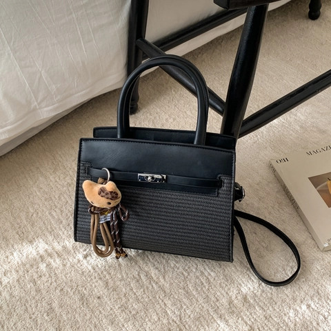 Women Handbag Retro PU Leather Woven Patchwork Crossbody Bag Metal Turn Lock Top Handle Elegant Minimalist Satchel