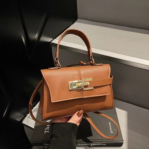 Women's Fashion Litchi Pattern PU Leather Handbag Elegant Square Crossbody Bag With Top Handle Metal Lock Shoulder Bag