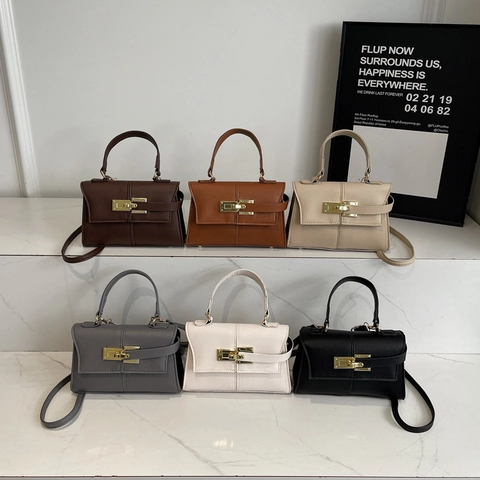 Women's Fashion Litchi Pattern PU Leather Handbag Elegant Square Crossbody Bag With Top Handle Metal Lock Shoulder Bag