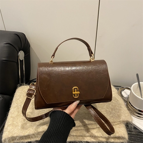 Women Vintage PU Leather Small Square Bag Solid Color Handbag With Adjustable Strap Metal Lock Crossbody Shoulder Bag