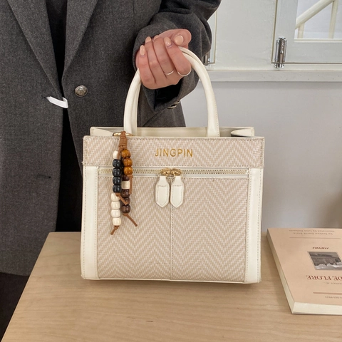Retro Women Handbag PU Leather Herringbone Stitching Minimalist Tote With Beaded Pendant Crossbody Shoulder Bag