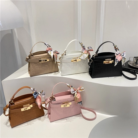 Crocodile Embossed PU Leather Shoulder Bag For Women Trapezoid Handbag With Decorative Scarf Daily Commute Square Purse