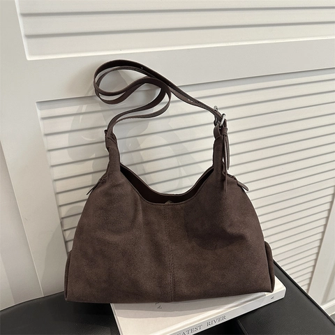 Bolso Tote de PU Ante Gran Capacidad para Mujer Vintage Hobo Bolso de Hombro Correa Ajustable Color Sólido Minimalista