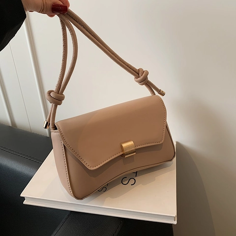 Minimalist PU Leather Crossbody Bag For Women Retro Small Square Shoulder Bag With Golden Metal Lock And Knot Strap
