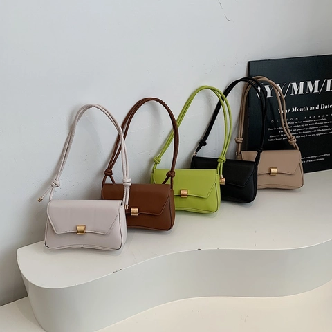 Minimalist PU Leather Crossbody Bag For Women Retro Small Square Shoulder Bag With Golden Metal Lock And Knot Strap