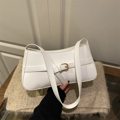 Women Minimalist Glossy PU Leather Underarm Bag Vintage Baguette Shoulder Bag With Gold Metal Buckle Solid Color Commuting Handbag