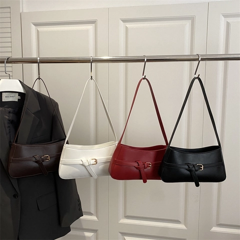 Women Minimalist Glossy PU Leather Underarm Bag Vintage Baguette Shoulder Bag With Gold Metal Buckle Solid Color Commuting Handbag