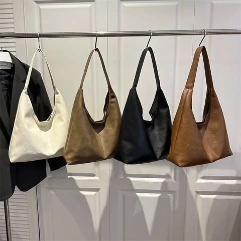 Women Large Capacity PU Leather Tote Bag Minimalist Solid Color Vintage Pleated Shoulder Bag Commuting Hobo Handbag Set