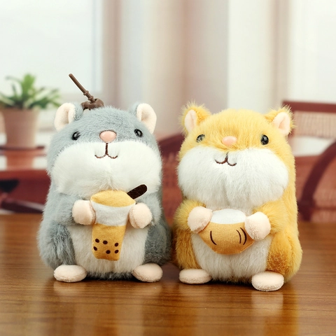 Cute Hamster Plush Toy Stuffed Animal Holding Food Donut Pizza Nuts Milk Tea Bag Charm Keychain Doll For Kids Girls Gift
