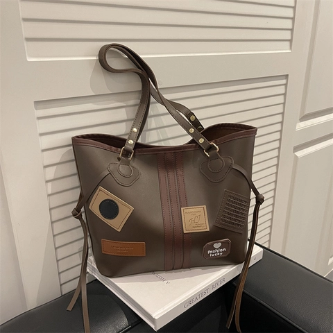 Retro PU Leather Tote Bag Large Capacity Contrast Color Patches Handbag For Women Vintage Commuter Office Shoulder Bag