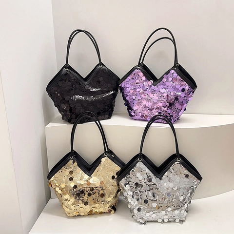 Damen Große Kapazität Pailletten Tote Bag Mode V-förmige Öffnung Schultertasche Funkelnde Pailletten Handtasche Chic Alltagstasche
