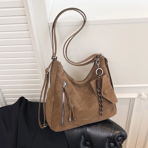 Women Vintage PU Leather Hobo Shoulder Bag Large Capacity Solid Color Underarm Crossbody Bag With Detachable Pouch Pockets
