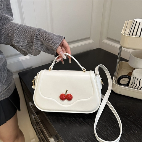 Women's PU Leather Cherry Decor Small Square Bag Sweet Rhinestone Crossbody Handbag With Adjustable Shoulder Strap For Daily Outings