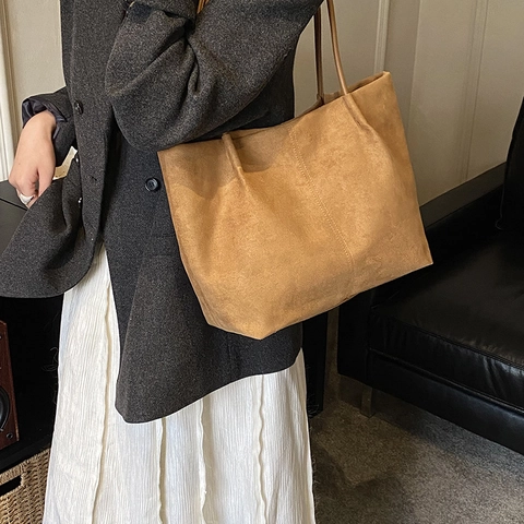 Women Vintage Large PU Tote Bag Retro Minimalist Commuter Shoulder Bag Solid Color Simple Daily Handbag For Women