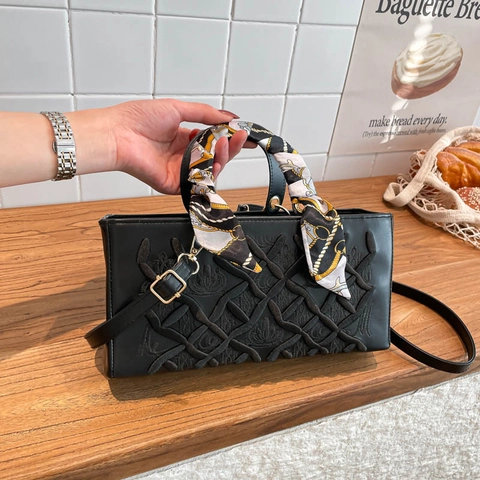 Elegant Women PU Leather Handbag With Satin Scarf Embroidery Rhombic Pattern Luxury Lady Shoulder Bag Daily Use