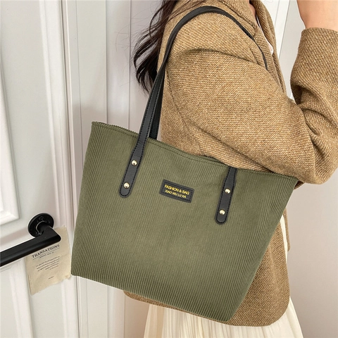 Bolso Tote de Pana de Gran Capacidad para Mujer Bolso de Hombro Minimalista de Color Sólido Con Cremallera para Uso Diario