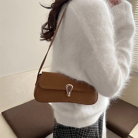 Vintage Suede Texture Underarm Bag For Women Minimalist Solid Color Shoulder Bag With Horseshoe Buckle Elegant Daily Handbag