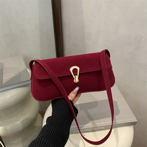 Vintage Suede Texture Underarm Bag For Women Minimalist Solid Color Shoulder Bag With Horseshoe Buckle Elegant Daily Handbag
