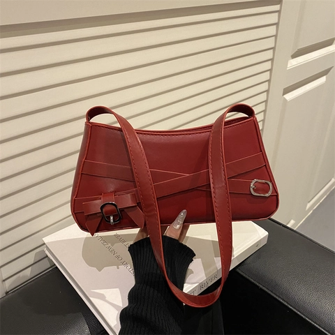 Borsa Sottobraccio da Donna in Pelle PU alla Moda Design Vintage con Cinghie Incrociate e Fibbia a Fiocco Piccola Borsa a Spalla Tinta Unita