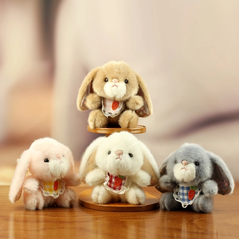 Cute Plush Rabbit Toy With Bib Carrot Embroidery Soft Stuffed Animal Bunny Keychain Pendant Bag Hanging Decoration Gift