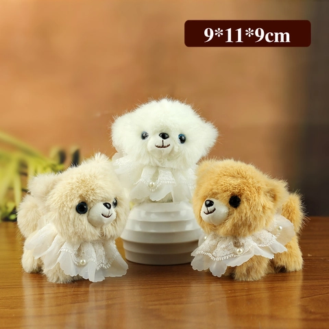 Mignon Porte-Clés en Peluche Chien Poméranien de Simulation Avec Collier en Dentelle et Perle Pour Sacs Décoration Cadeau Peluche