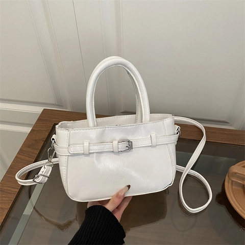 Bolso de Mano para Mujer Vintage de Cuero PU Color Sólido Decoración Hebilla de Cinturón Bolso Bandolera de Hombro con Correa Ajustable