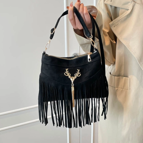 Niche Bohemian Fringe Crossbody Bag Women Vintage Faux Suede Tassel Shoulder Bag Golden Deer Decor Commute Small Square Purse