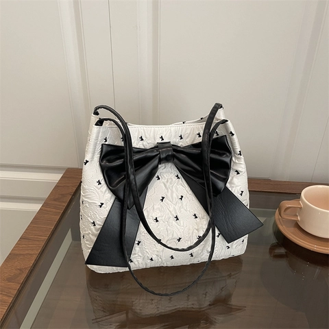 Damen Umhängetasche Große Kapazität Jacquard Stoff Mit Großer Schleife Dekor Süße Französische Stil Tote Tasche