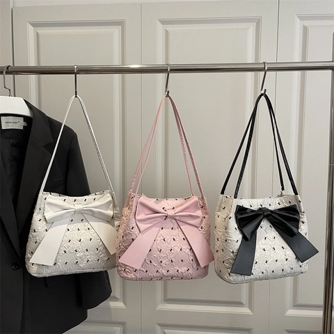 Damen Umhängetasche Große Kapazität Jacquard Stoff Mit Großer Schleife Dekor Süße Französische Stil Tote Tasche