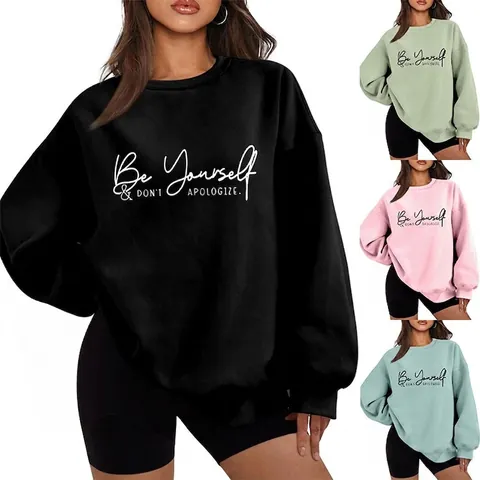 Damen Rundhals Sweatshirt Langarm Oversize Slogan Druck Baumwollmischung Fleece Streetwear Casual Top