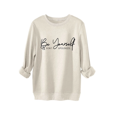 Damen Rundhals Sweatshirt Langarm Oversize Slogan Druck Baumwollmischung Fleece Streetwear Casual Top