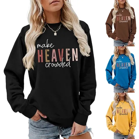 Damen Casual Rundhals Sweatshirt Langarm Pullover Buchstabendruck Make Heaven Crowded Vintage Locker Baumwollmischung Top