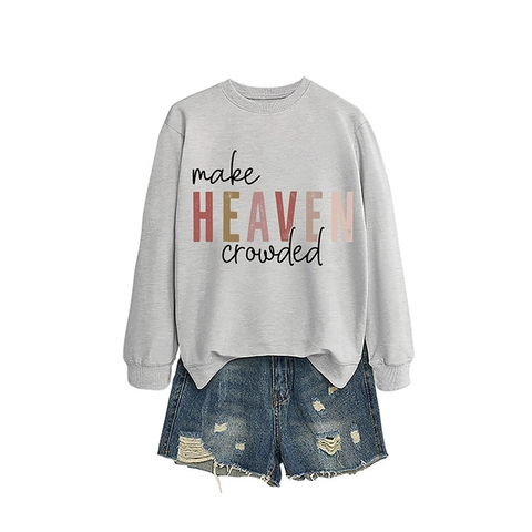 Damen Casual Rundhals Sweatshirt Langarm Pullover Buchstabendruck Make Heaven Crowded Vintage Locker Baumwollmischung Top