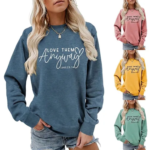 Damen Casual Anyway Luke 23:34 Buchstaben-Druck Rundhalsausschnitt Langarm Sweatshirt Locker Baumwollmischung Herbst Winter Pullover Top