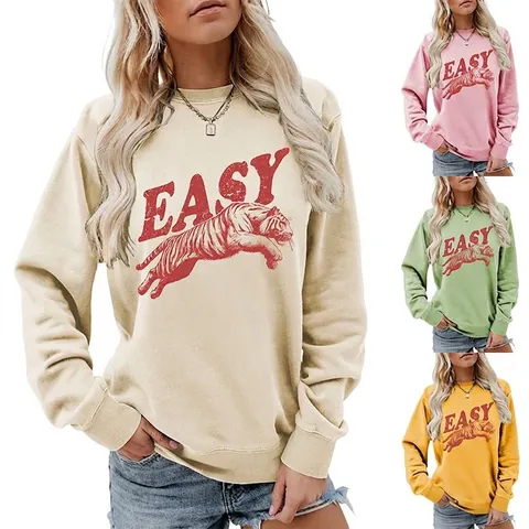 Felpa da Donna Casual Girocollo Manica Lunga Retro American Streetwear Tigre EASY Lettera Stampa Misto Cotone Pullover Top