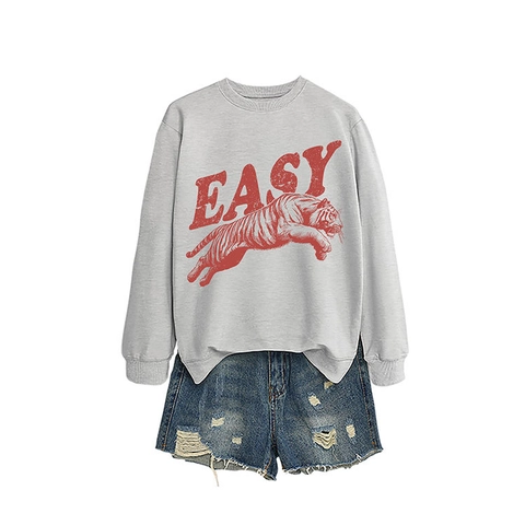 Felpa da Donna Casual Girocollo Manica Lunga Retro American Streetwear Tigre EASY Lettera Stampa Misto Cotone Pullover Top