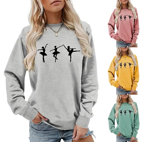 Damen Sweatshirt Mit Rundhals Und Langarm Ballerina Silhouette Druck Lässig Locker Baumwollmischung Pullover Jumper