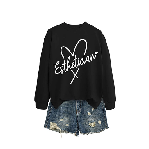 Sweatshirt Femme Esthetician Col Rond Mélange Coton Manches Longues Graphique Cœur Pullover Décontracté Mode Top