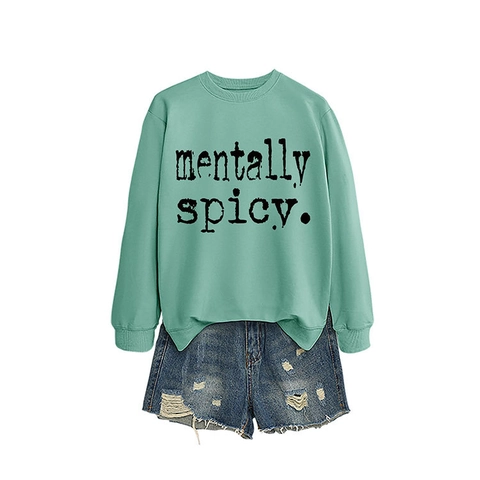 Sweatshirt Femme Col Rond Mélange Coton Manches Longues Imprimé Lettres Mentally Spicy Haut Pull Décontracté Ample