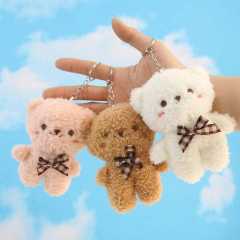 Portachiavi Orsetto Di Peluche Carino Ciondolo Animale Imbottito Morbido Con Fiocco A Quadri Per Borsa