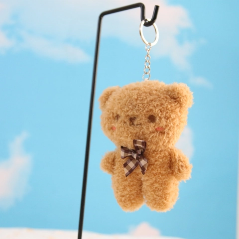 Portachiavi Orsetto Di Peluche Carino Ciondolo Animale Imbottito Morbido Con Fiocco A Quadri Per Borsa