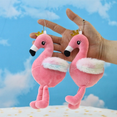 Pink Flamingo Plush Pendant Toy Soft Bird Bag Charm With Rainbow Wings And Gold Crown Decorative Keychain