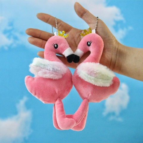 Pink Flamingo Plush Pendant Toy Soft Bird Bag Charm With Rainbow Wings And Gold Crown Decorative Keychain