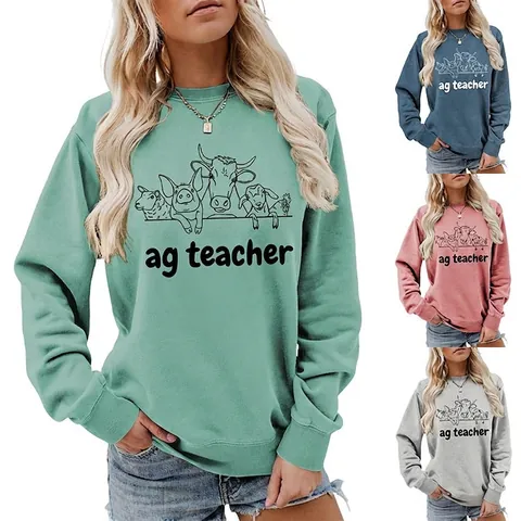 Sweatshirt Femme À Col Rond Mélange Coton Polyester Imprimé Graphique Ag Teacher Animaux De La Ferme Pull Décontracté