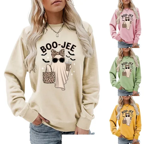Dames Halloween Geest Sweatshirt En Shorts Luipaardprint Boo-Jee Lange Mouwen Ronde Hals Casual Top
